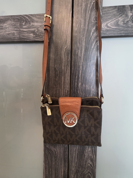 Michael Kors Brown MK Signature Crossbody with Tan Leather Trim - Picture 1 of 17
